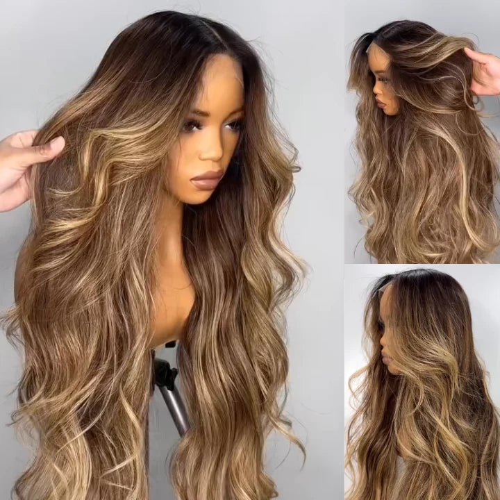 MYA Highlight Honey Blonde Mix Brown Loose Wave Glueless 13x4 HD Transparent Pre Everything Lace Front Human Wigs6