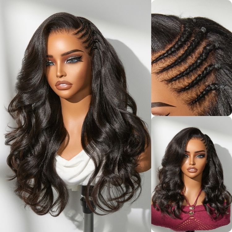 MYA Readitress™ Side Braided Yaki Body Wave Glueless Ear-to-ear 13x6 Frontal HD Lace Wig Human Hair Flexi-Fit Drawstring Cap5