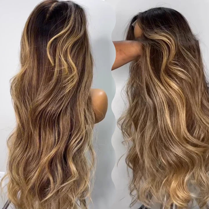 MYA Highlight Honey Blonde Mix Brown Loose Wave Glueless 13x4 HD Transparent Pre Everything Lace Front Human Wigs6