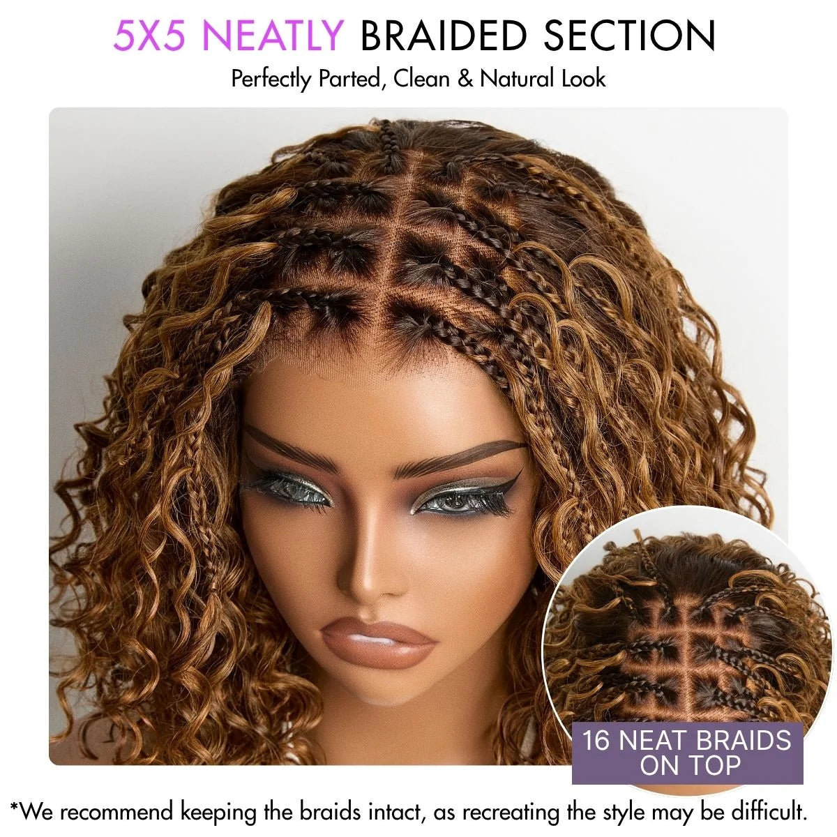 MYA Readitress™ Ombre Brown Highlight Boho Braids Deep Curly Glueless 5x5 Closure Lace with Braided Top Human Hair Wig Pre-Cut Lace2